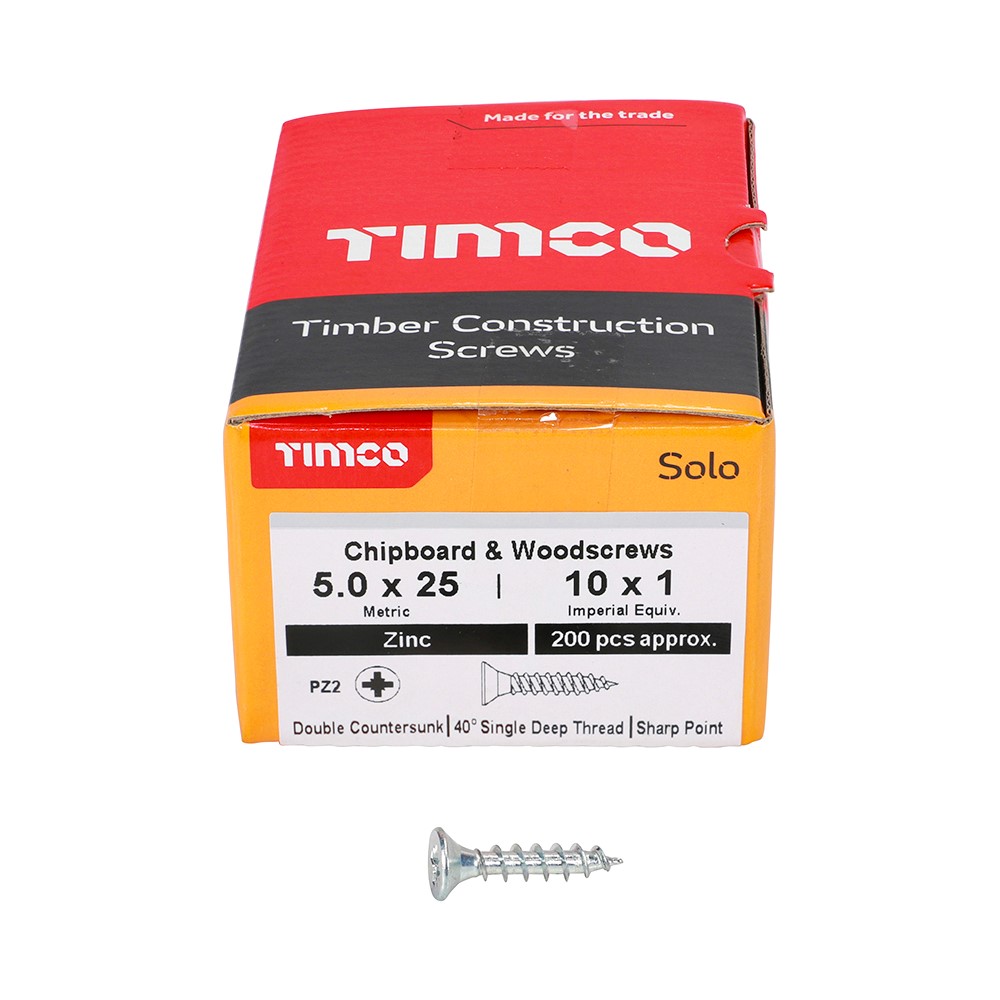 TIMCO Solo Woodscrews - PZ -Zinc 5.0 x 25mm (200 Pack)