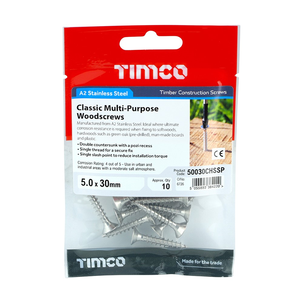 TIMCO Classic Multi-Purpose Screws - PZ -Stainless Steel 5.0 x 30mm (10 Pack)