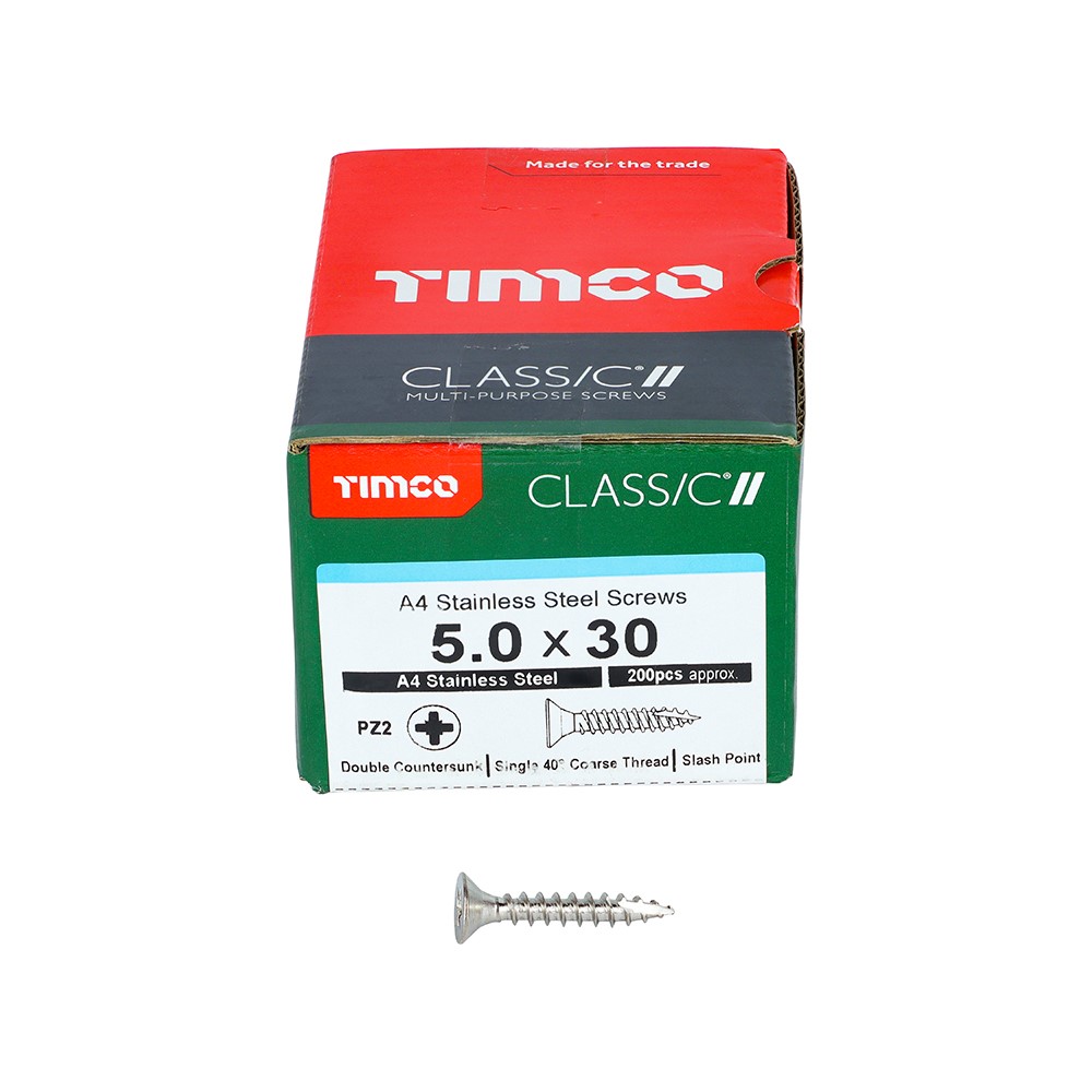 TIMCO Classic Multi-Purpose Screws - PZ -A4 Stainless Steel 5.0 x 30mm (200 Pack)