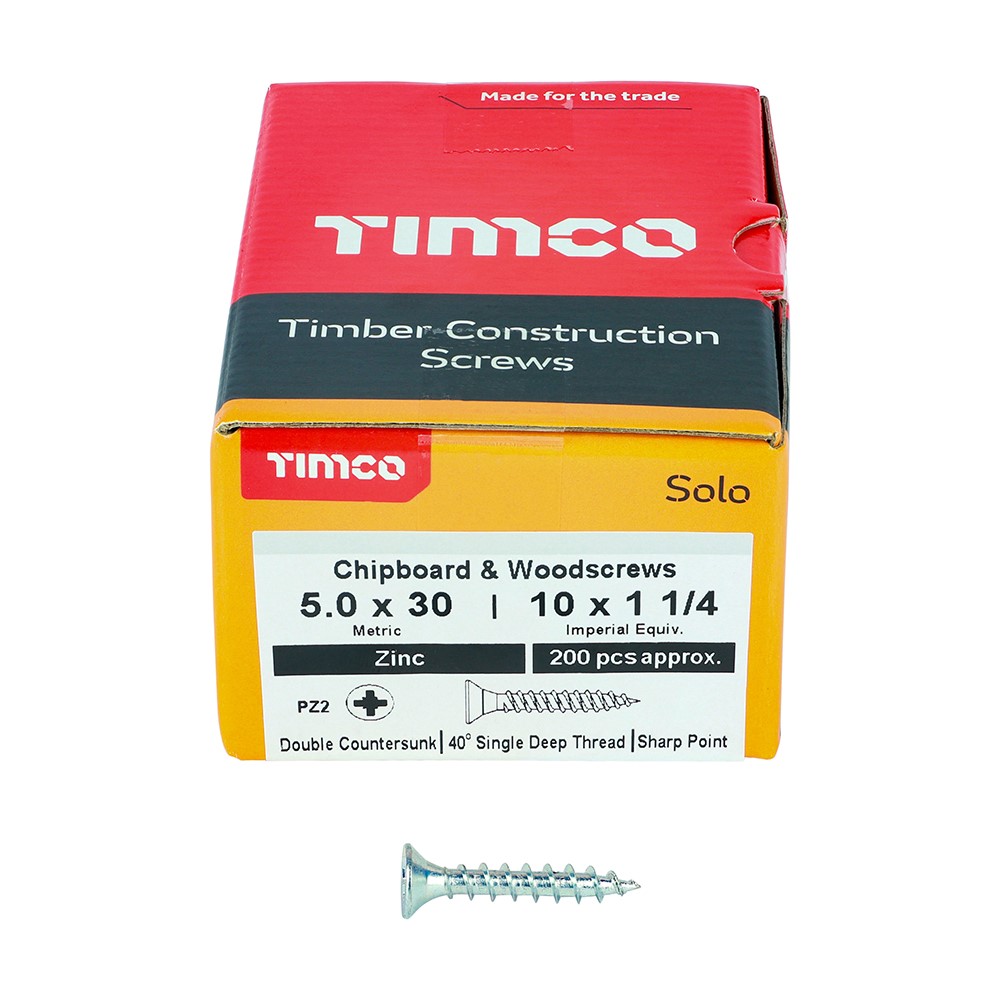 TIMCO Solo Woodscrews - PZ -Zinc 5.0 x 30mm (200 Pack)