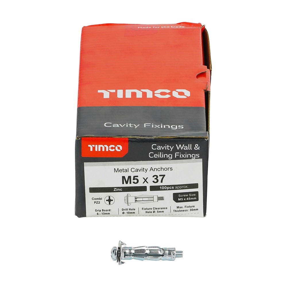 TIMCO Metal Cavity Anchors - Zinc M5 x 37 (45mm Screw) (100 Pack)