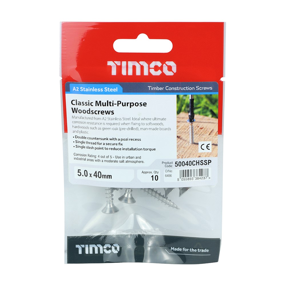 TIMCO Classic Multi-Purpose Screws - PZ -Stainless Steel 5.0 x 40mm (10 Pack)