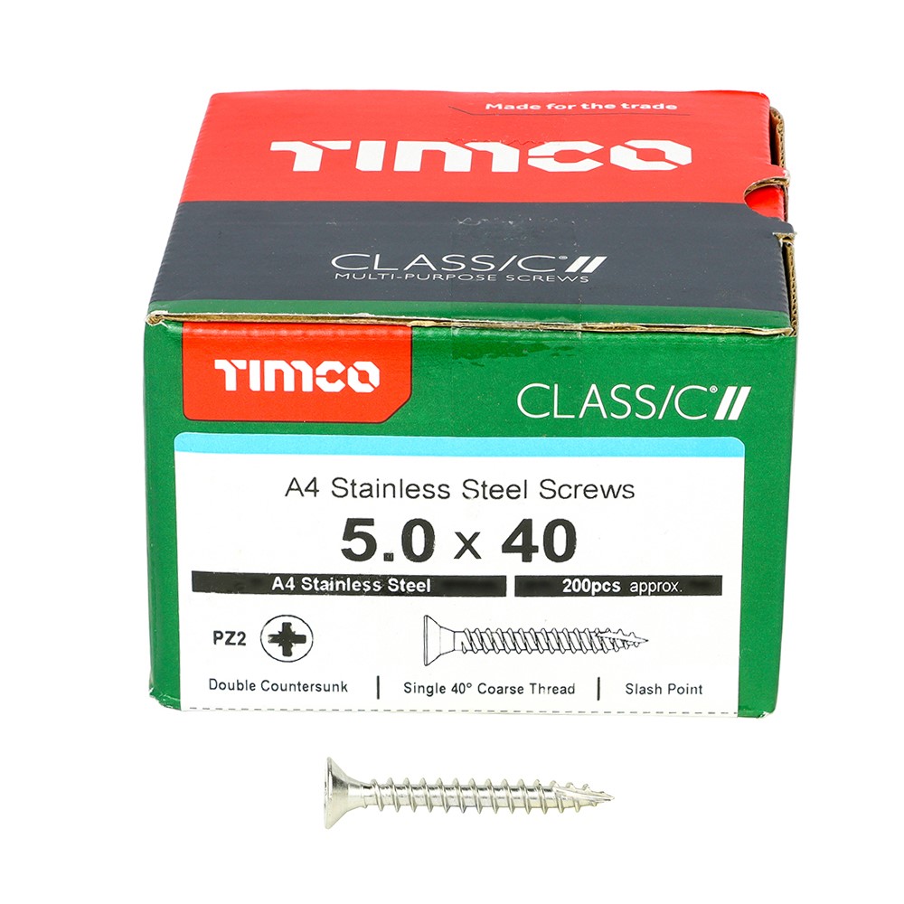 TIMCO Classic Multi-Purpose Screws - PZ -A4 Stainless Steel 5.0 x 40mm (200 Pack)