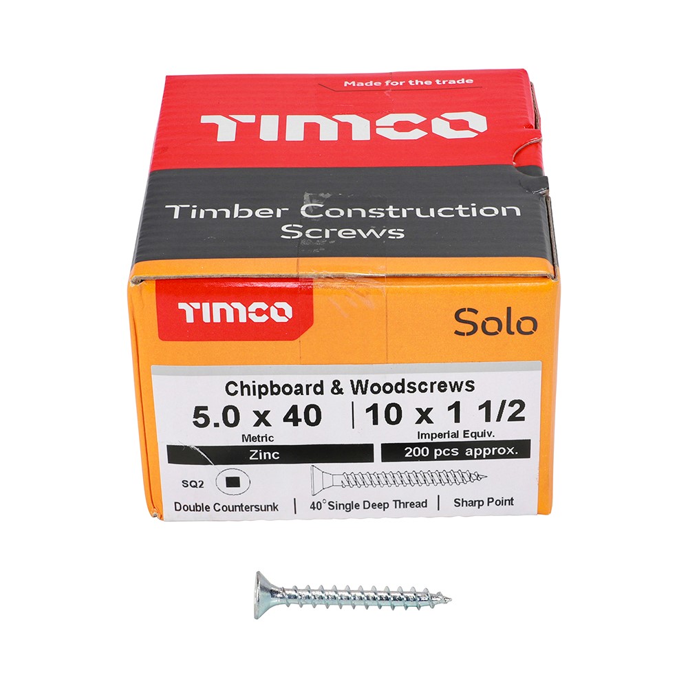 TIMCO Solo Woodscrews - SQ -Zinc 5.0 x 40mm (200 Pack)