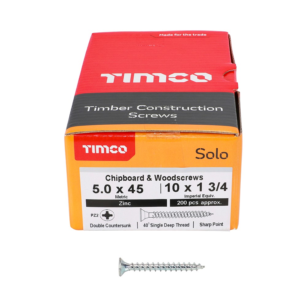 TIMCO Solo Woodscrews - PZ -Zinc 5.0 x 45mm (200 Pack)