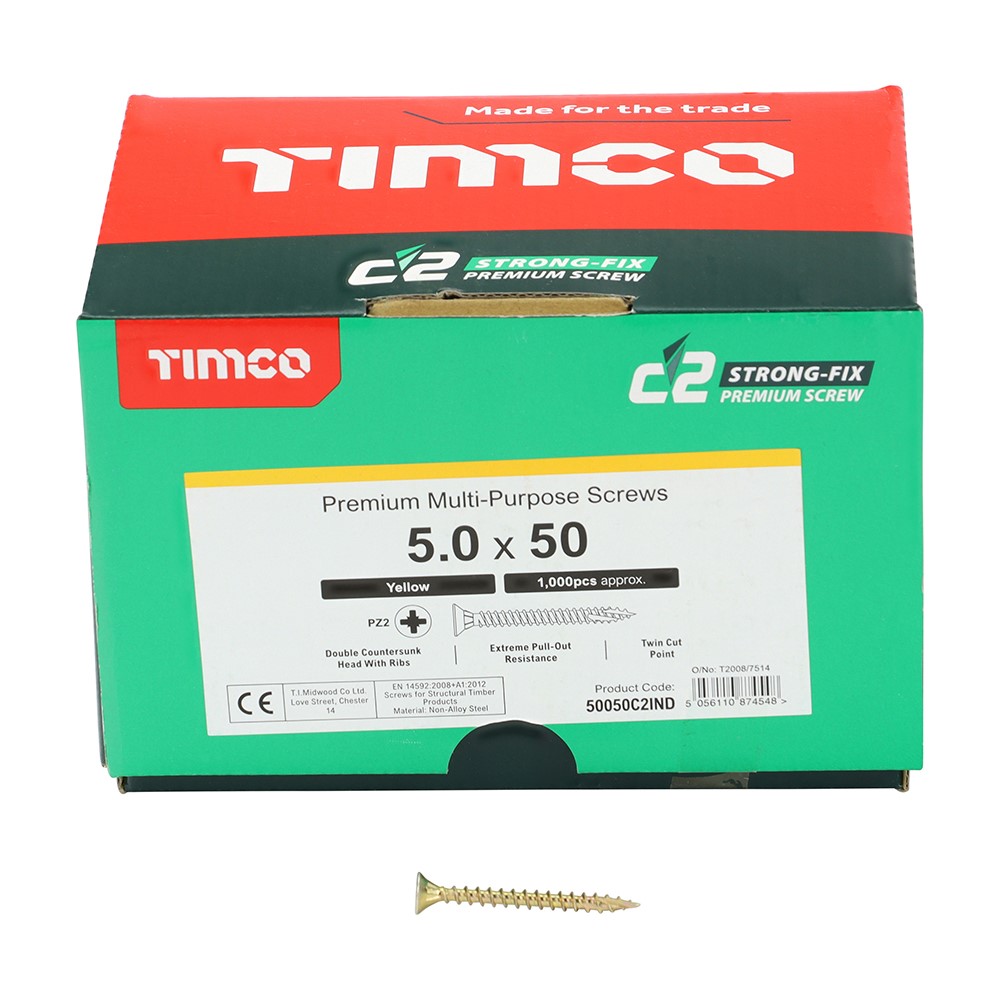 TIMCO C2 Strong-Fix Multi-Purpose Premium Screws - Industry Pack - PZ - 5.0 x 50mm (1000 Pack)