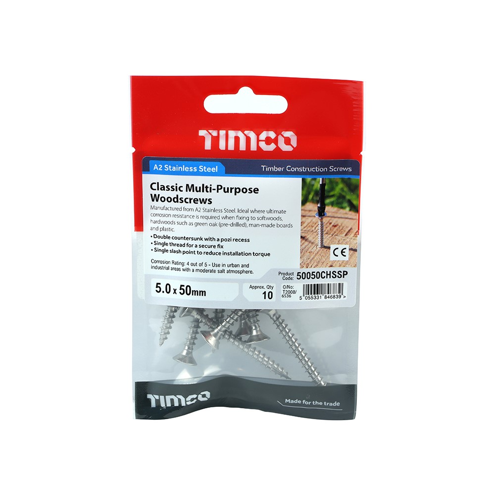 TIMCO Classic Multi-Purpose Screws - PZ -Stainless Steel 5.0 x 50mm (10 Pack)