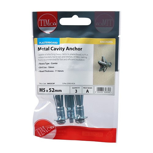TIMCO Metal Cavity Anchors - Zinc M5 x 52mm (60mm Screw) (3 Pack)