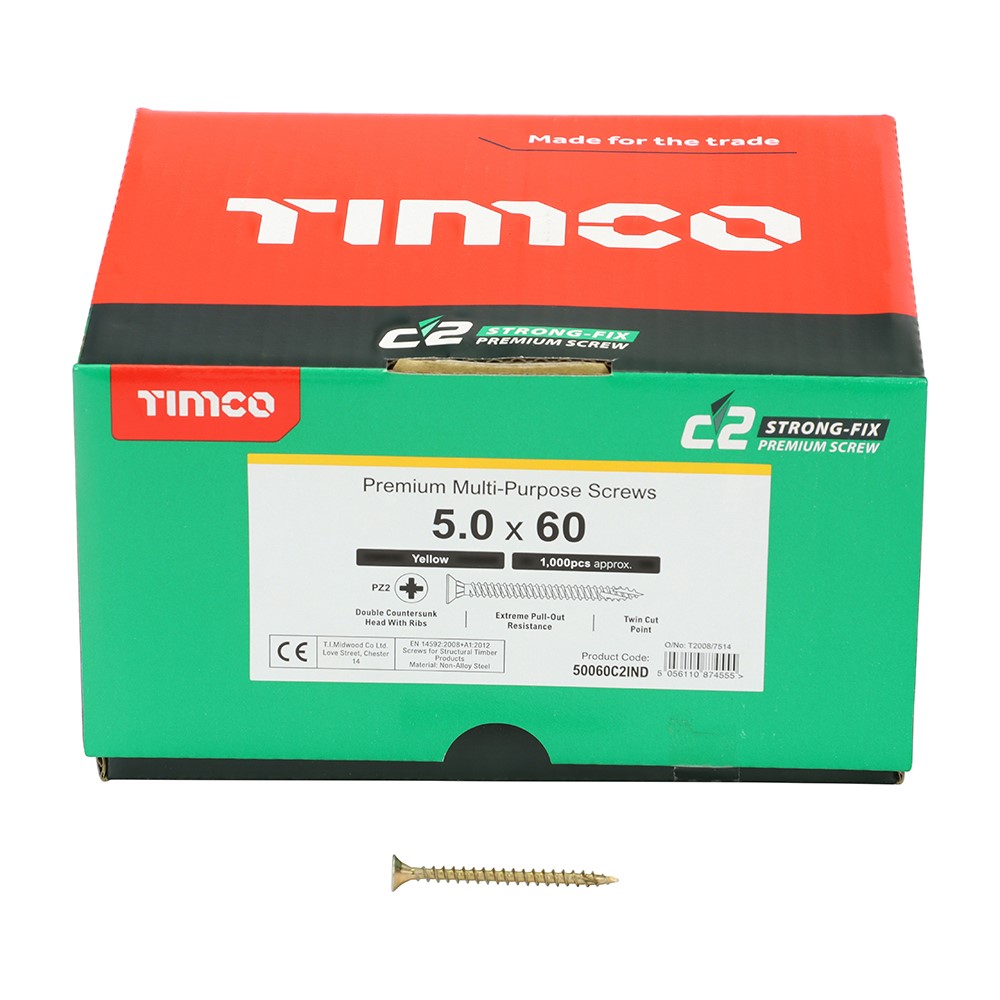 TIMCO C2 Strong-Fix Multi-Purpose Premium Screws - Industry Pack - PZ - 5.0 x 60mm (1000 Pack)