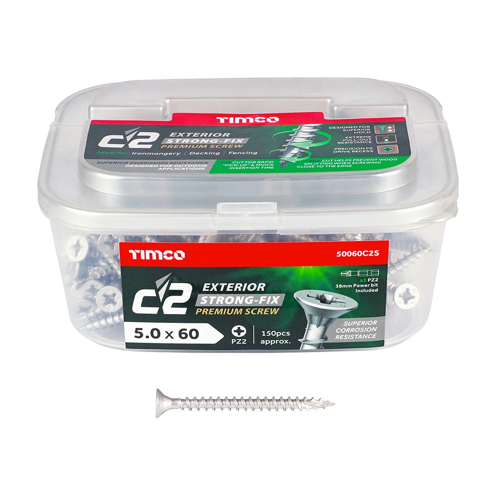 TIMCO C2 Exterior Strong-Fix Multi-Purpose Premium Screws - PZ -Silver 5.0 x 60mm (150 Tub)