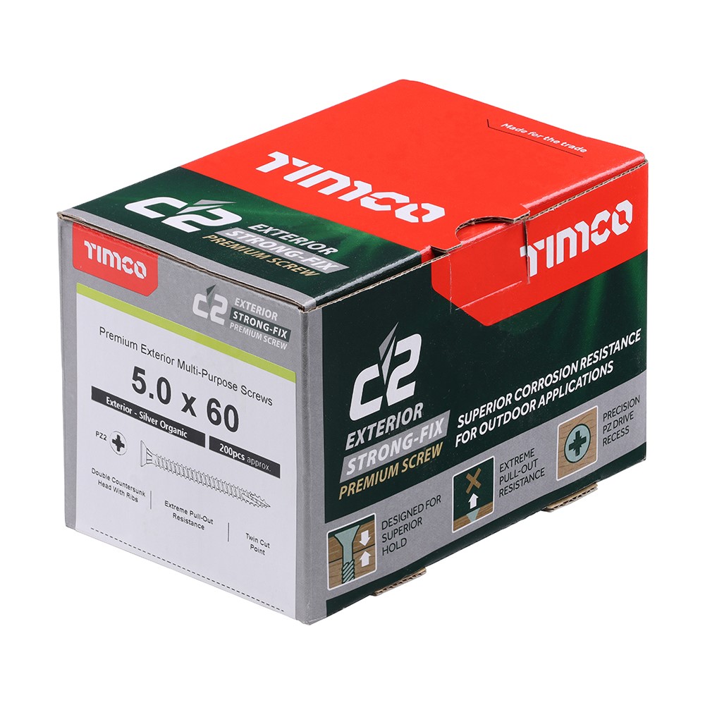 TIMCO C2 Exterior Strong-Fix Multi-Purpose Premium Screws - PZ -Silver 5.0 x 60mm (200 Pack)