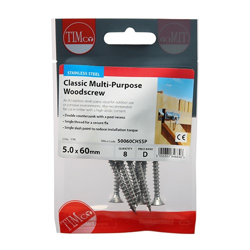 TIMCO Classic Multi-Purpose Screws - PZ -Stainless Steel 5.0 x 60mm (8 Pack)