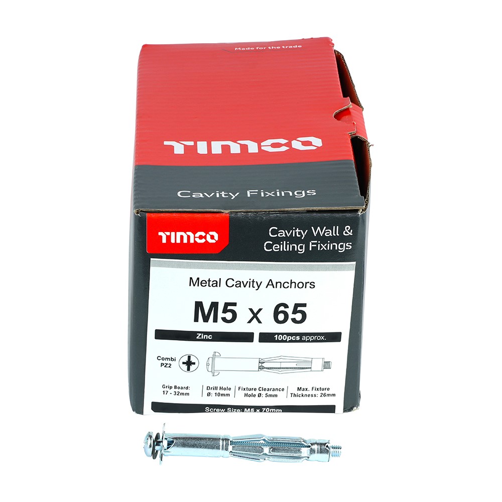 TIMCO Metal Cavity Anchors - Zinc M5 x 65 (70mm Screw) (100 Pack)