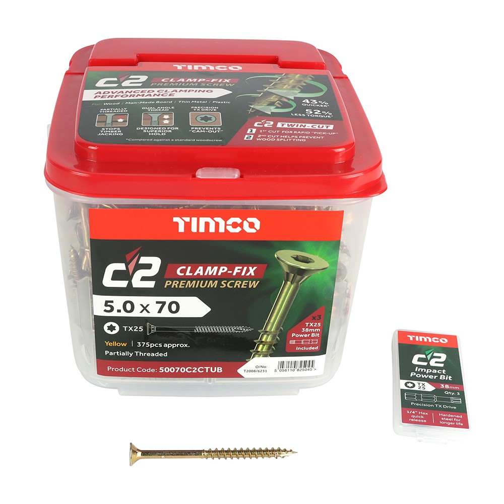 TIMCO C2 Clamp-Fix Premium Clamping Multi-Purpose Screws - TX - 5.0 x 70mm (375 Pack)