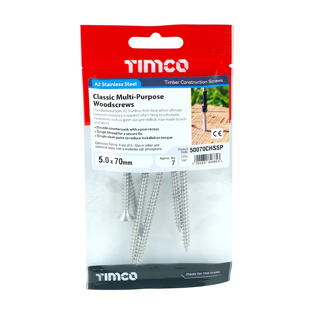 TIMCO Classic Multi-Purpose Screws - PZ -Stainless Steel 5.0 x 70mm (7 Pack)