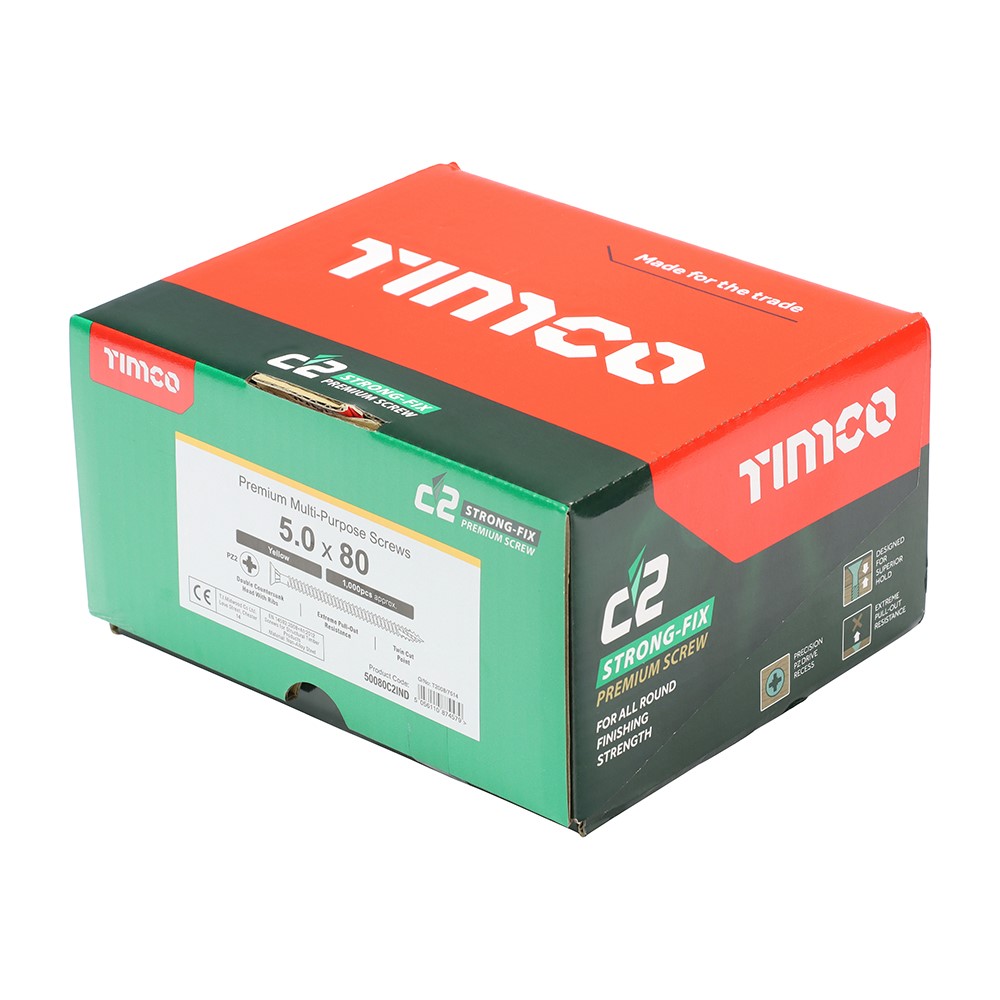 TIMCO C2 Strong-Fix Multi-Purpose Premium Screws - Industry Pack - PZ - 5.0 x 80mm (1000 Pack)