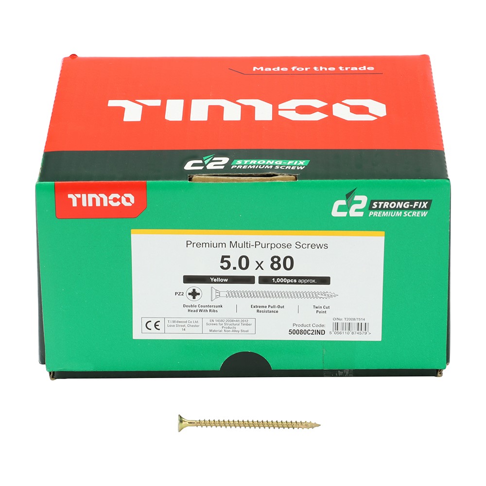TIMCO C2 Strong-Fix Multi-Purpose Premium Screws - Industry Pack - PZ - 5.0 x 80mm (1000 Pack)