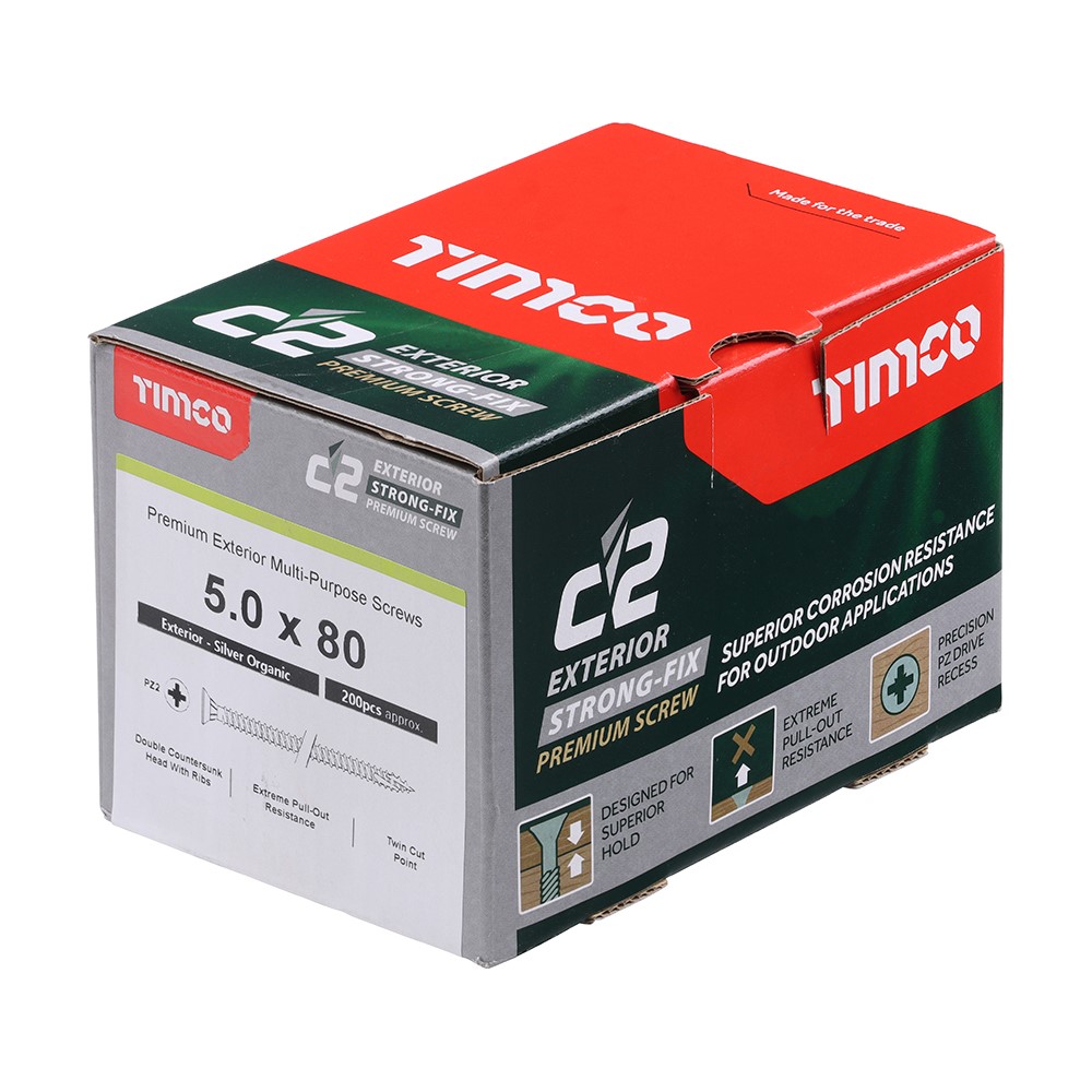 TIMCO C2 Exterior Strong-Fix Multi-Purpose Premium Screws - PZ -Silver 5.0 x 80mm (200 Pack)