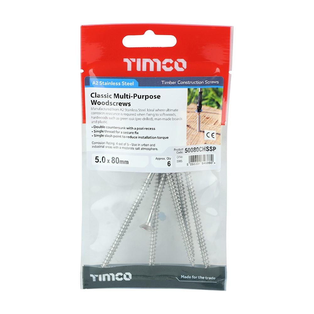 TIMCO Classic Multi-Purpose Screws - PZ -Stainless Steel 5.0 x 80mm (6 Pack)