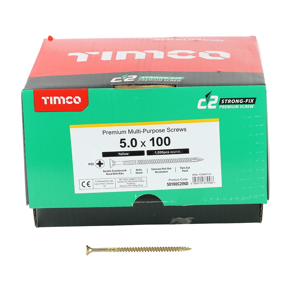 TIMCO C2 Strong-Fix Multi-Purpose Premium Screws - Industry Pack - PZ - 5.0 x 100mm (1000 Pack)