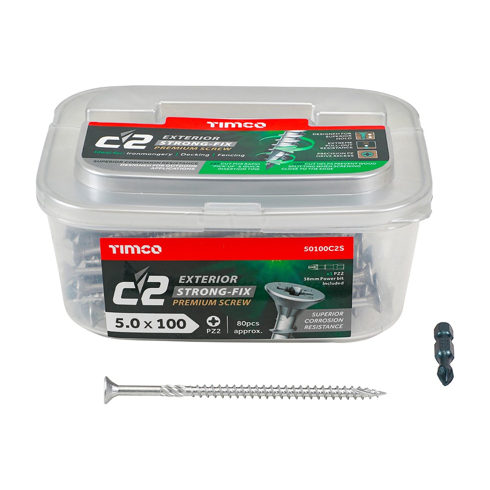 TIMCO C2 Exterior Strong-Fix Multi-Purpose Premium Screws - PZ -Silver 5.0 x 100mm (80 Tub)