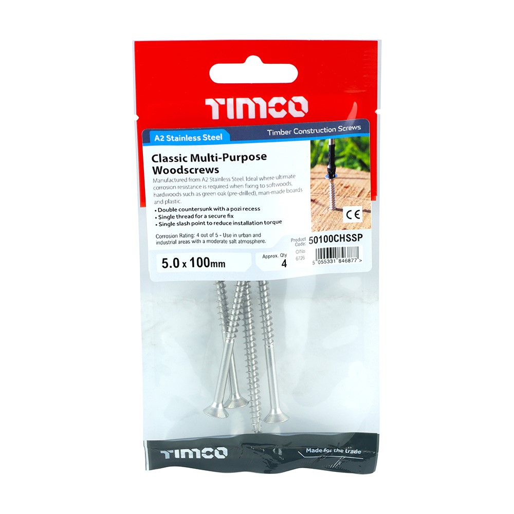 TIMCO Classic Multi-Purpose Screws - PZ -Stainless Steel 5.0 x 100mm (4 Pack)