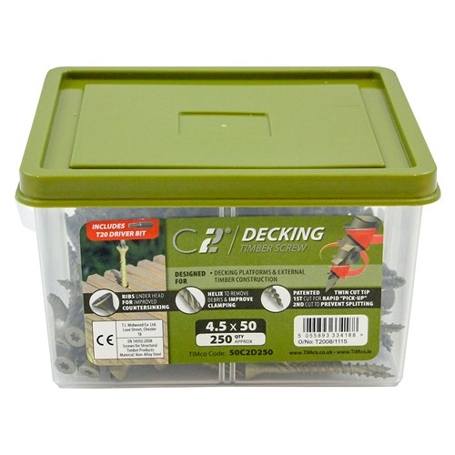 TIMCO C2 Deck-Fix Premium Decking Screws - TX - Countersunk - Exterior - Green 4.5 x 50mm (250 Pack)