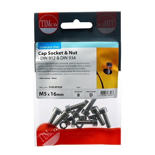 TIMCO Socket Screws & Hex Nuts - Cap - Stainless Steel M5 x 16mm (8 Pack)