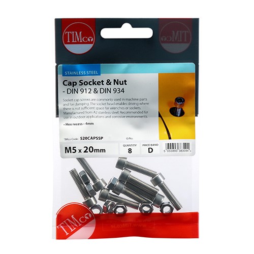 TIMCO Socket Screws & Hex Nuts - Cap - Stainless Steel M5 x 20mm (8 Pack)