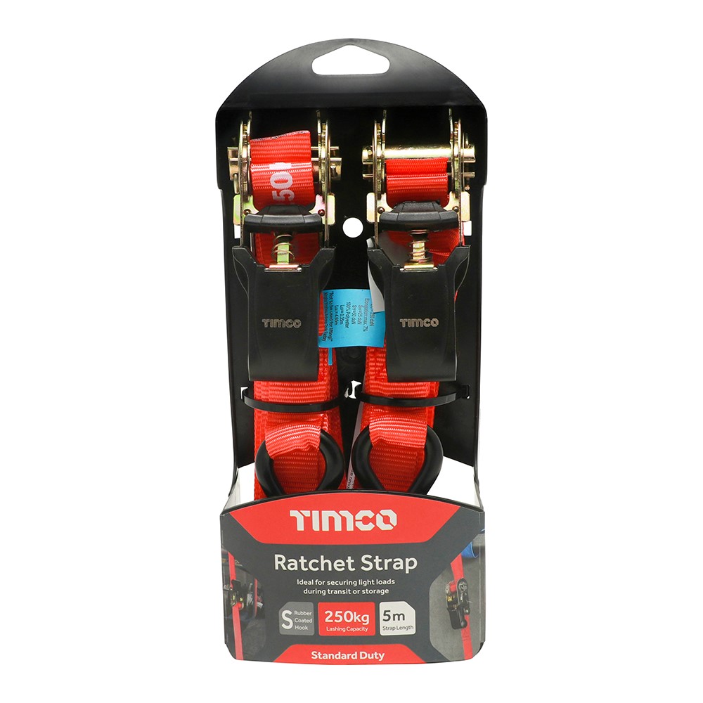 TIMCO Ratchet Straps - S Hook - Standard Duty 5m x 25mm (2 Pack)