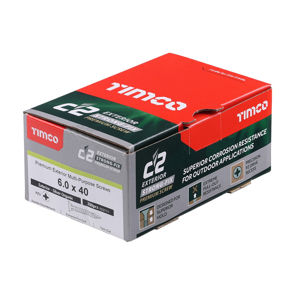 TIMCO C2 Exterior Strong-Fix Multi-Purpose Premium Screws - PZ -Silver 6.0 x 40mm (200 Pack)