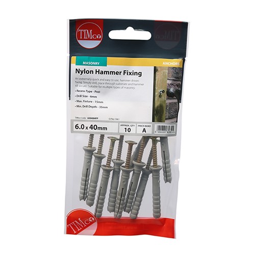 TIMCO Nylon Hammer Fixings - PZ - Zinc 6.0 x 40mm (10 Pack)