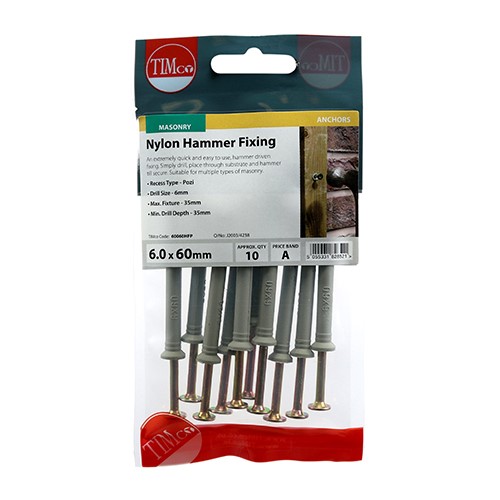 TIMCO Nylon Hammer Fixings - PZ - Zinc 6.0 x 60mm (10 Pack)