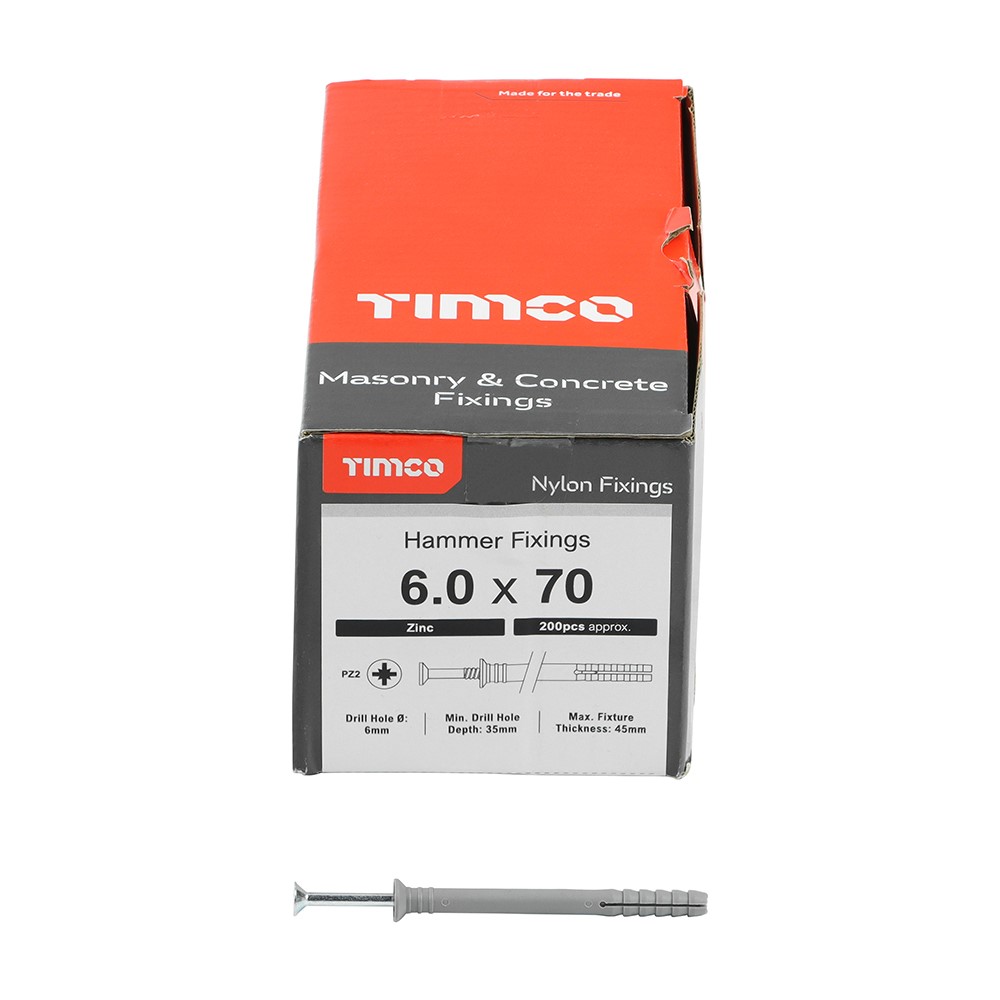 TIMCO Nylon Hammer Fixing - PZ - Zinc 6.0 x 70mm (200 Pack)