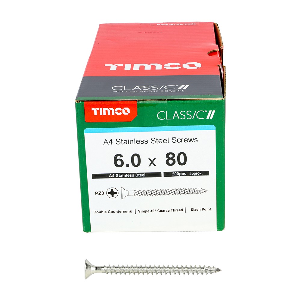 TIMCO Classic Multi-Purpose Screws - PZ -A4 Stainless Steel 6.0 x 80mm (200 Pack)