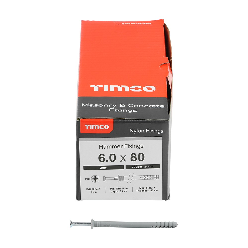 TIMCO Nylon Hammer Fixing - PZ - Zinc 6.0 x 80mm (200 Pack)