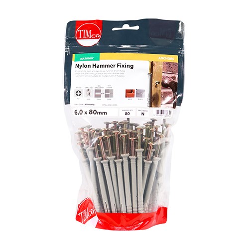 TIMCO Nylon Hammer Fixings - PZ - Zinc 6.0 x 80mm (80)