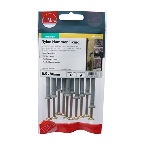 TIMCO Nylon Hammer Fixings - PZ - Zinc 6.0 x 80mm (10 Pack)