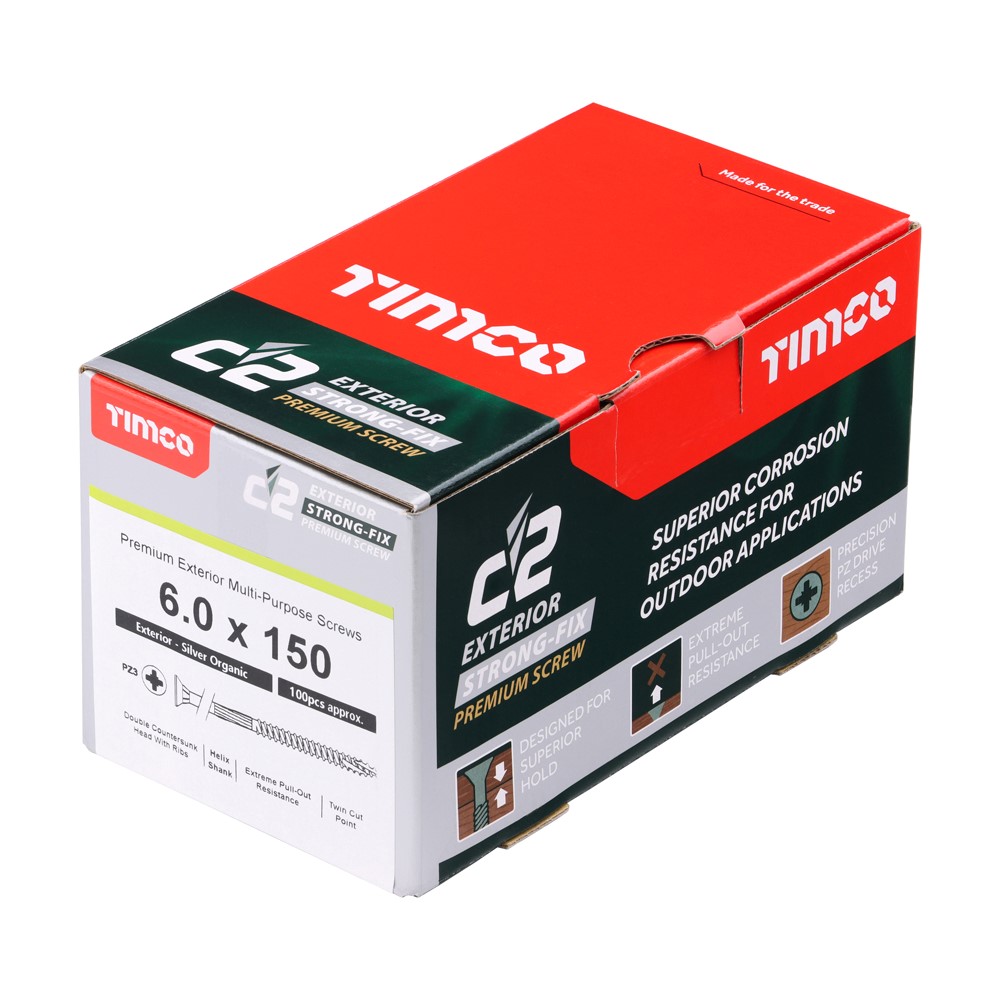 TIMCO C2 Exterior Strong-Fix Multi-Purpose Premium Screws - PZ Silver 6.0 x 150mm (100 pack)