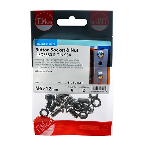 TIMCO Socket Screws & Hex Nuts - Button - Stainless Steel M6 x 12mm (8 Pack)