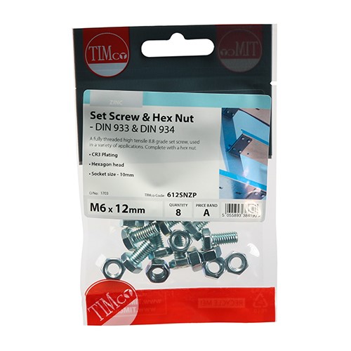 TIMCO Set Screws & Hex Nuts - Grade 8.8 - Zinc M6 x 12mm (8 Pack)