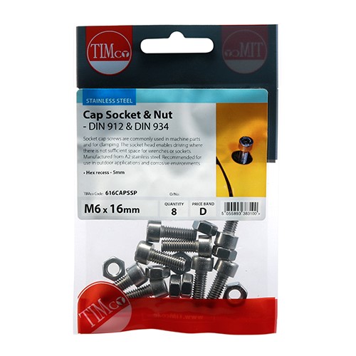 TIMCO Socket Screws & Hex Nuts - Cap - Stainless Steel M6 x 16mm (8 Pack)