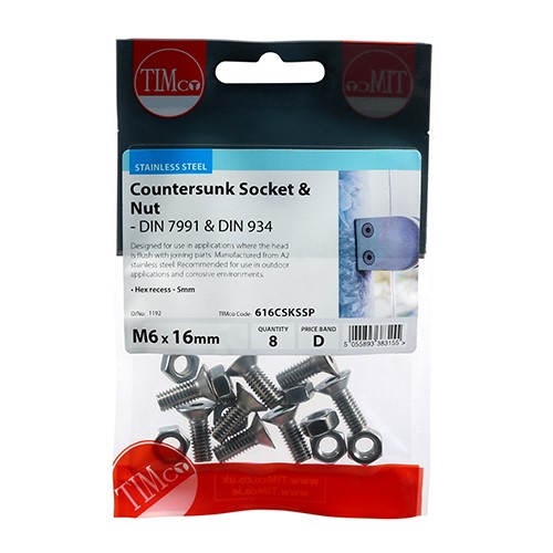 TIMCO Socket Screws & Hex Nuts - Countersunk - Stainless Steel M6 x 16mm (8 Pack)