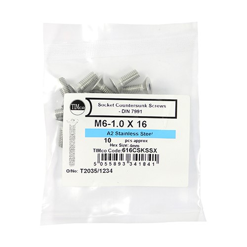 TIMCO Socket Screws - Countersunk - A2 Stainless Steel M6 x 16mm (10 Bag)