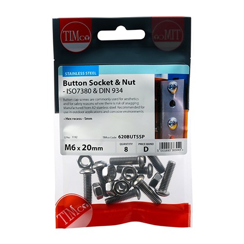 TIMCO Socket Screws & Hex Nuts - Button - Stainless Steel M6 x 20mm (8 Pack)