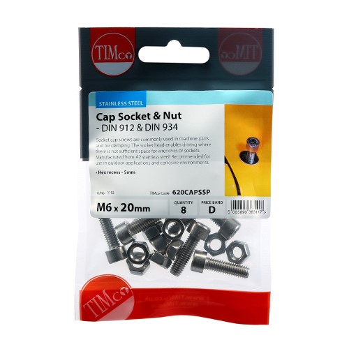 TIMCO Socket Screws & Hex Nuts - Cap - Stainless Steel M6 x 20mm (8 Pack)