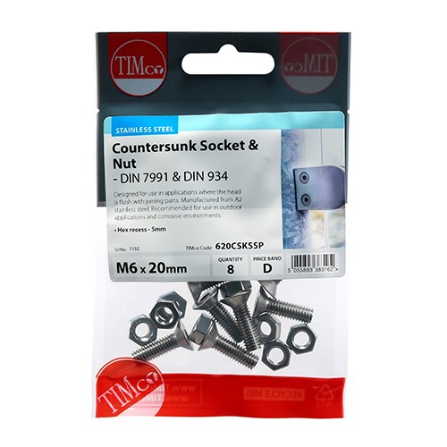 TIMCO Socket Screws & Hex Nuts - Countersunk - Stainless Steel M6 x 20mm (8 Pack)