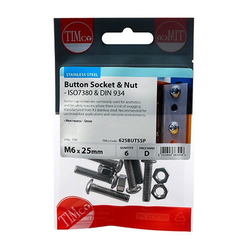 TIMCO Socket Screws & Hex Nuts - Button - Stainless Steel M6 x 25mm (6 Pack)