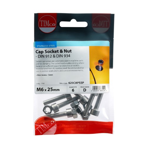 TIMCO Socket Screws & Hex Nuts - Cap - Stainless Steel M6 x 25mm (6 Pack)