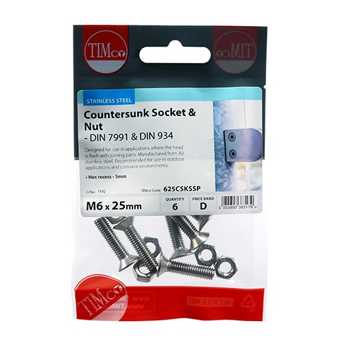 TIMCO Socket Screws & Hex Nuts - Countersunk - Stainless Steel M6 x 25mm (6 Pack)
